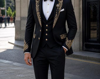 Black gold embroidered tuxedo suit mens luxury groom wedding outfit royal designer attire