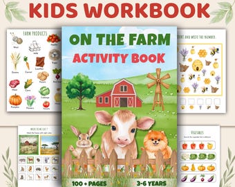 May include: A colorful kids' workbook titled "KIDS WORKBOOK" with the text "ON THE FARM ACTIVITY BOOK." The cover features a farm scene with a barn, windmill, and cartoon animals. Additional pages show farm products and activity pages.