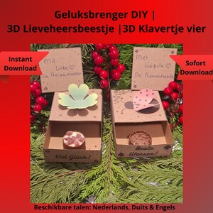 May include: DIY craft boxes with 3D ladybug and clover designs. Each box contains a small, round treat. The boxes are decorated with paper cutouts and text in Dutch and German. The words "Instant Download" are also visible.
