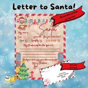 Op de afbeelding: Een afdrukbare brief aan de Kerstman met een feestelijk ontwerp. De brief bevat invulvelden voor naam, leeftijd, gedrag en kerstwensen. Een rode banner luidt "Afdrukbare brief aan de Kerstman!" en een andere "Met DIY-envelop".
