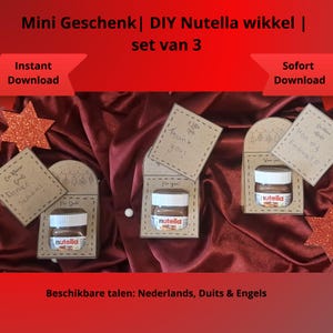May include: Three small Nutella jars in decorative paper holders, each with a handwritten note. The notes say "Thank you", "For you!", and "Thank you". The image also includes text in Dutch and German.