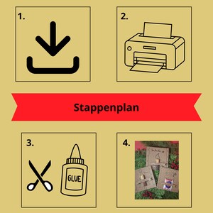 May include: A step-by-step guide with four illustrated steps on a gold background. The steps include a download icon, a printer, scissors and glue, and finished craft projects. The red banner reads "Stappenplan".