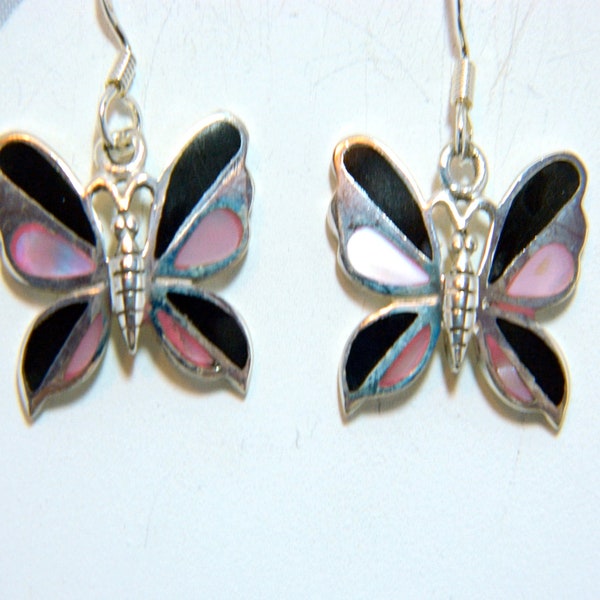 Pink shell and black onyx sterling silver butterfly earrings