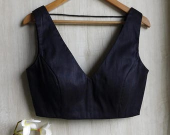 Made To Order Indian Black Raw Silk Saree Blouse - V Neck Blouse