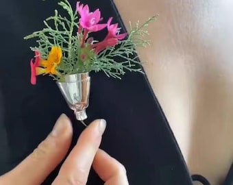 S925 Silver Flower Holder Pin • Wearable Bud Vase Brooch