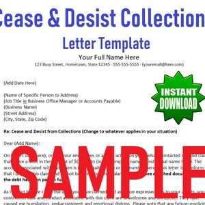 Cease and Desist from Collections Letter Template MS Word .docx Digital Download File Customizable Printable États-Unis Canada
