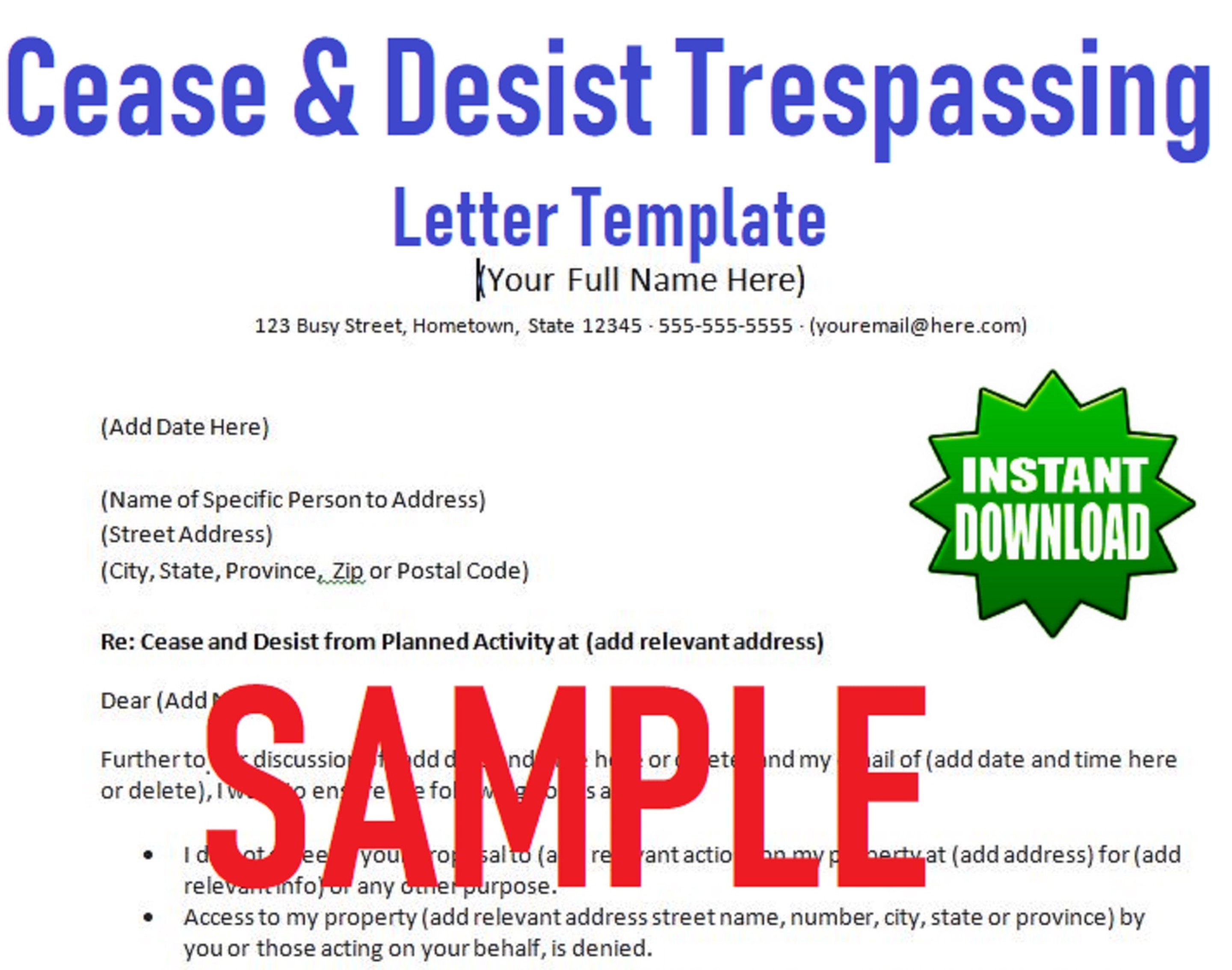 Cease And Desist From Trespassing Letter Template MS Word docx Digital 