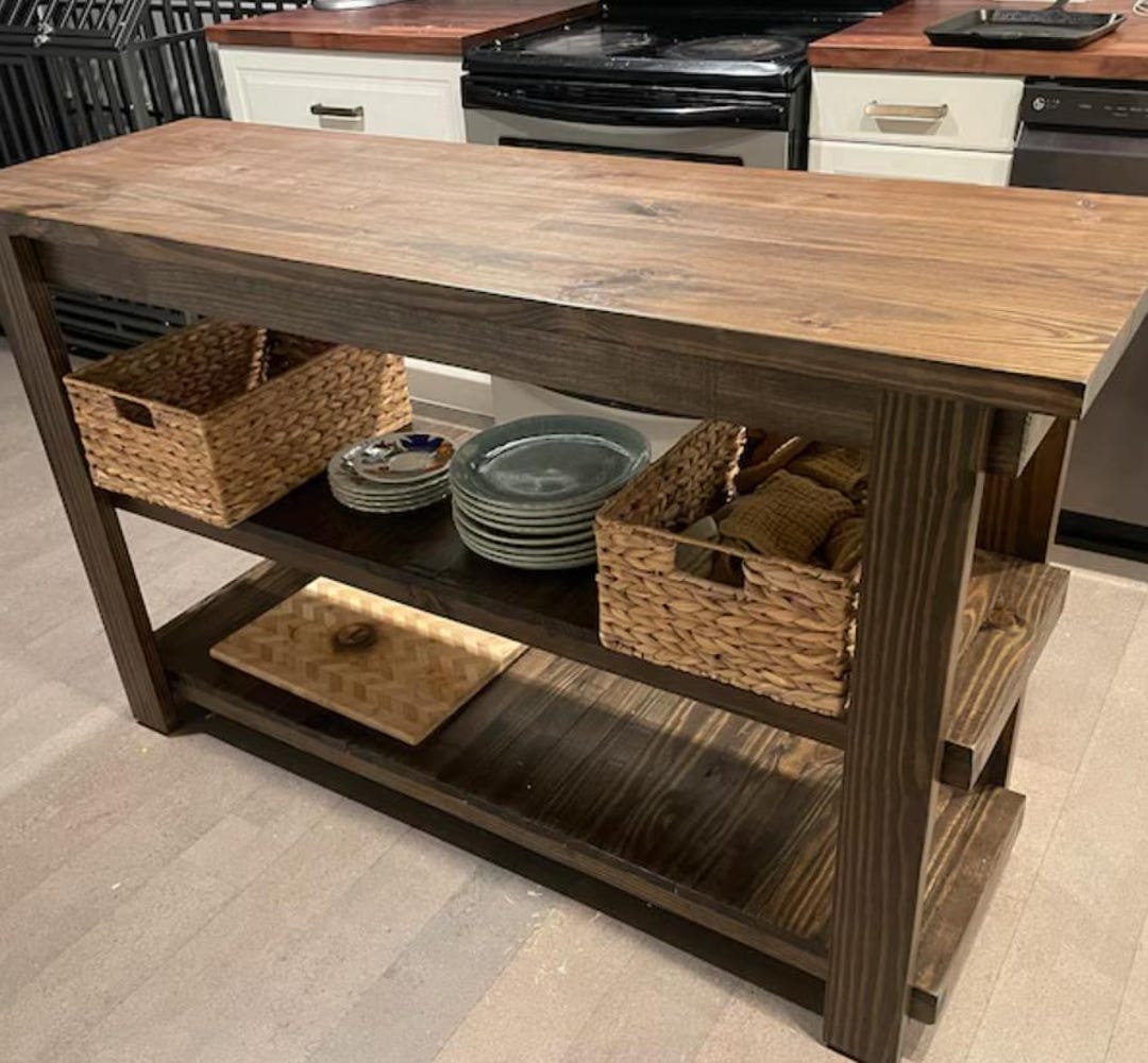 Rustic Wooden Kitchen Island With Storage Shelves – Handmade Solid Wood ...