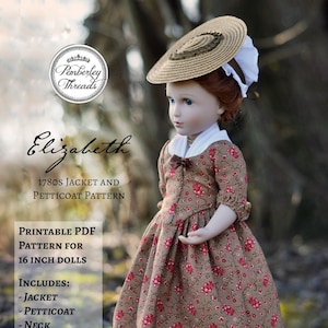 以下が含まれることがあります： 16インチのドール用の印刷可能なPDF縫製パターン。茶色と赤のフローラルドレス、白いボンネット、黒い靴を特徴としています。パターンにはジャケット、ペチコート、ネックハンカチが含まれており、中級の縫製レベル向けです。パターンは「エリザベス1780年代ジャケットとペチコートパターン」というタイトルです。