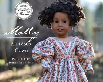 PDF Sewing Pattern Molly 1830s Romantic Era Dress for 18 inch doll such as American Girl