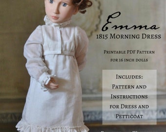 Patron de couture PDF Emma 1815 Morning Dress Regency pour poupées de 16 pouces telles que A Girl for All Time