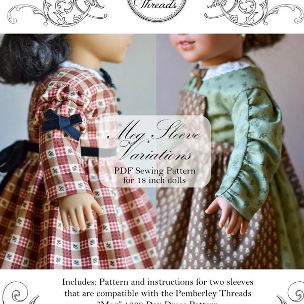 PDF-naaipatroon Meg 1860 Day Dress Sleeve Variaties voor 18 inch pop American Girl