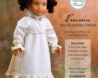 PDF Sewing Pattern Emma 1815 Morning Dress Regency for 18 inch dolls