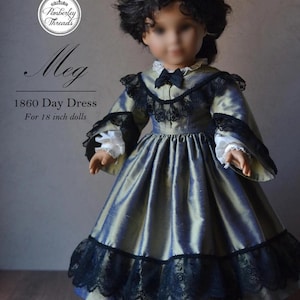 Molde de costura em PDF para o vestido de dia Meg 1860 para bonecas de 45 cm (18 polegadas)