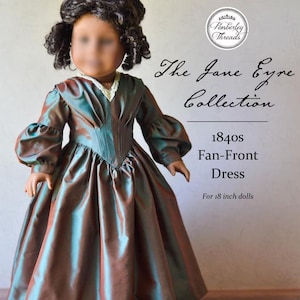 Wzór do szycia w formacie PDF: Sukienka Jane Eyre z lat 40. XIX wieku z wachlarzem na przodzie dla lalek o długości 18 cali