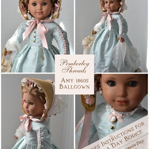 Patron de couture PDF Amy, robe de bal des années 1860 pour poupées de 18 pouces American Girl, par exemple image 3