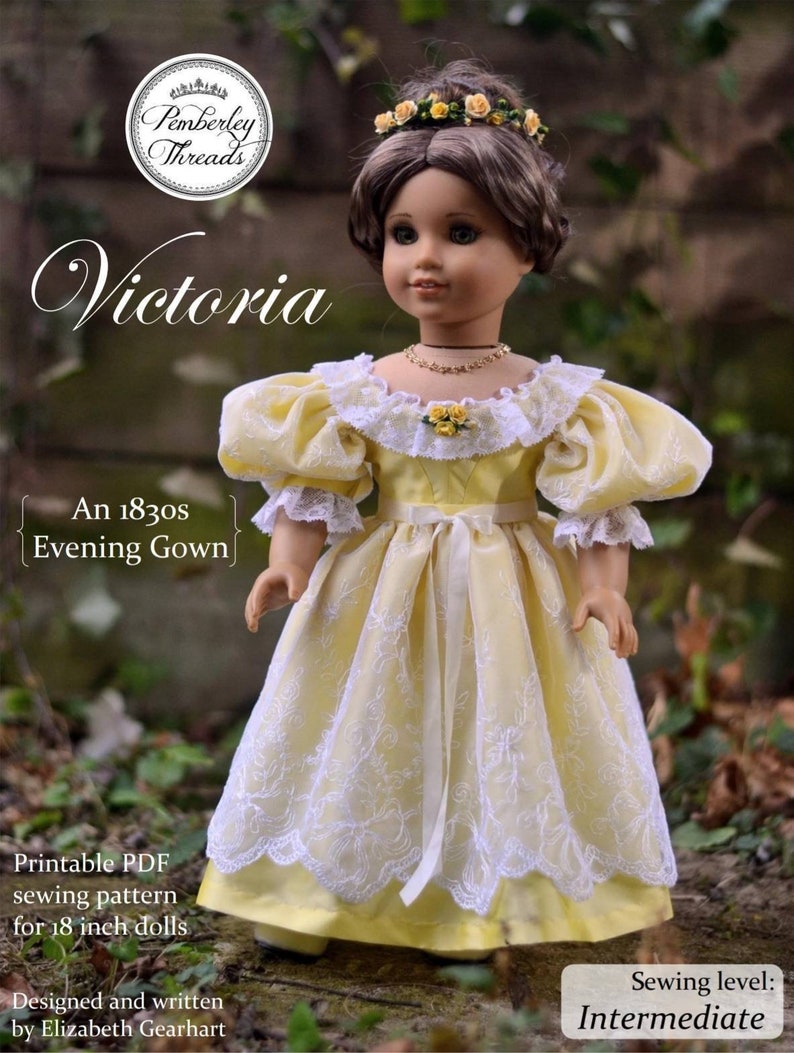 PDF Sewing Pattern Victoria 1830s Romantic Era Dress Evening Gown for 18 inch dolls such as American Girl image 1