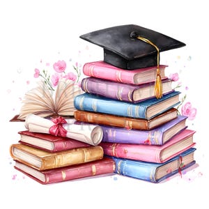 May include: A watercolor illustration of a stack of colorful books topped with a black graduation cap featuring a gold tassel. A rolled diploma with a red ribbon rests on the books, accompanied by an open book and pink floral accents.