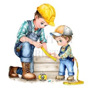 May include: Watercolor illustration of a carpenter and child measuring wood. The carpenter wears a yellow hard hat, blue overalls, and work boots. The child wears a cap, overalls, and work boots. A yellow measuring tape and a yellow level are also present.