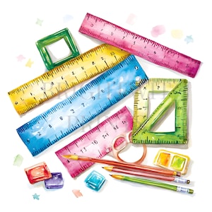 May include: A watercolor illustration featuring a collection of colorful school supplies including a pink ruler, a yellow ruler, a blue ruler, a green square, a green triangle, two pencils, a small paint palette, and several small paint blocks.