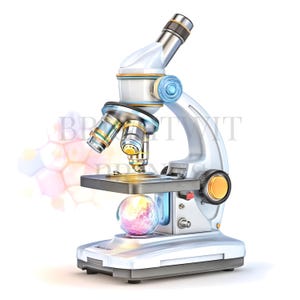 May include: A white and silver compound microscope featuring a rotating turret with multiple objective lenses, a flat stage, and a large focus knob. A glowing, multicoloured spherical light source is positioned beneath the stage area.