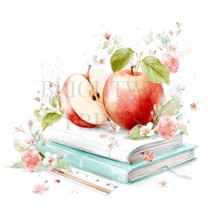 Può includere: Illustrazione ad acquerello di una mela rossa, una mela a fette e fiori sopra due libri. I libri sono azzurri e bianchi, con un righello e un nastro. Il testo "BRIGHT PRINT" è visibile sullo sfondo.