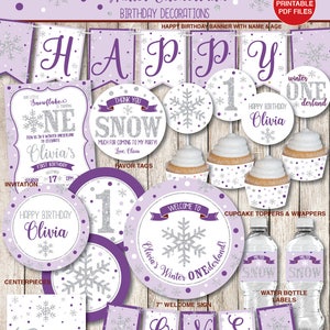 Purple & Silver Winter ONEderland Decorations, First Birthday Decorations, Snowflake Birthday Decorations, Printable PDF Files, Personalized