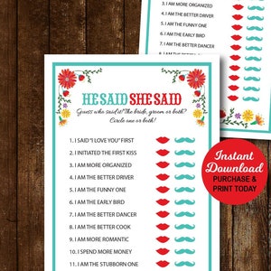 Fiesta Couples Shower Games, He Said She Said Game, Couples Wedding Shower Games, Bridal Shower Games, Printable PDF File