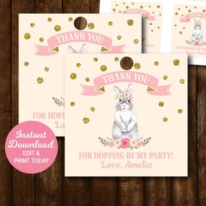 Bunny Birthday Favor Tags, Pink Gold Bunny Thank You Tags, Favor Party Tag, Spring Birthday, Some Bunny Birthday, Printable INSTANT DOWNLOAD