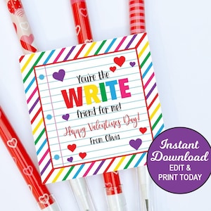Pencil Valentines Day Card, Pen Valentines Tag, Kids Valentine Card, School Valentines Cards, Non Food Printable Valentine, Valentine Tag