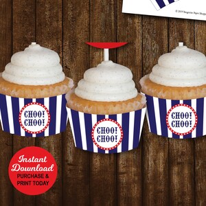May include: Printable cupcake wrappers with a blue and white striped design and red circles with the text "Choo! Choo!" printed on them. The wrappers are designed to be cut out and used for cupcakes. The text "Print out on 8.5"x11" white card stock paper" is printed at the bottom of the image.