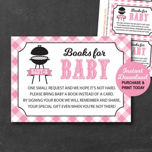 Cartes de demande de livre rose BabyQ rose, insertion de demande de livre de douche de bébé BBQ, fichier PDF imprimable, téléchargement immédiat