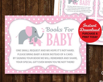 Elephant Book Request Cards, Pink Elephant Baby Shower Book Request Cards, Book Insert Card, Printable PDF File, INSTANT DOWNLOAD