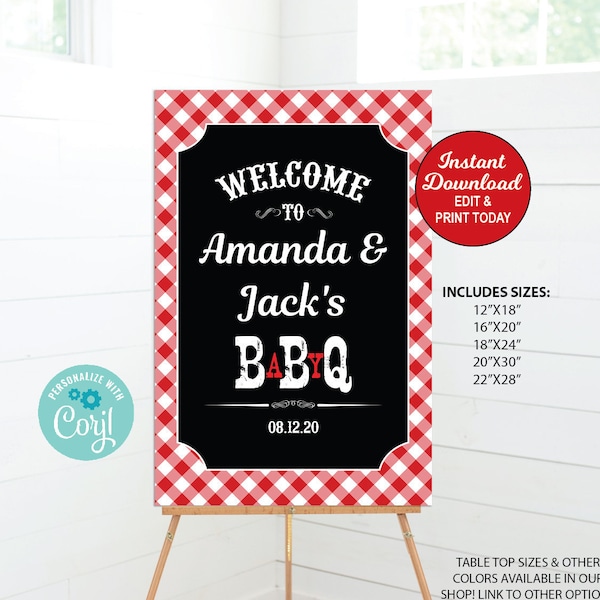 Baby Q Welcome Sign, BBQ Baby Shower Yard Sign Printable, Large Sign, Poster Welcome Sign, Red Black Easel Sign, INSTANT DOWNLOAD