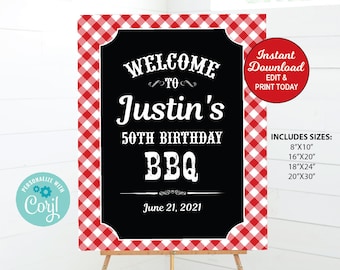 BBQ Birthday Welcome Sign, Editable BBQ Birthday Sign, BBQ Birthday Poster Welcome Sign Template, Barbecue Easel Sign Instant Download