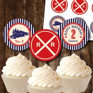 Train Cupcake Toppers, Vintage Train Cupcake Toppers, Train Circle Tags, Printable Train Stickers, Personalized, PDF File INSTANT DOWNLOAD