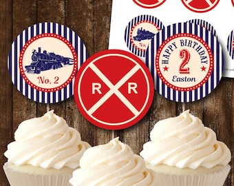 Train Cupcake Toppers, Vintage Train Cupcake Toppers, Train Circle Tags, Printable Train Stickers, Personalized, PDF File INSTANT DOWNLOAD