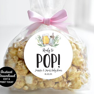 Popcorn Tag, Ready To Pop Tag, Popcorn Sticker, Popcorn Label, A Baby Is Brewing Favor, Beer baby Shower, Coed Baby Shower, Printable Tag