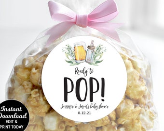 Popcorn Tag, Ready To Pop Tag, Popcorn Sticker, Popcorn Label, A Baby Is Brewing Favor, Beer baby Shower, Coed Baby Shower, Printable Tag