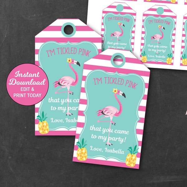 Flamingo Pineapple Favor Tag, Flamingo Pineapple Thank You Tags, Personalized, Printable PDF File INSTANT DOWNLOAD