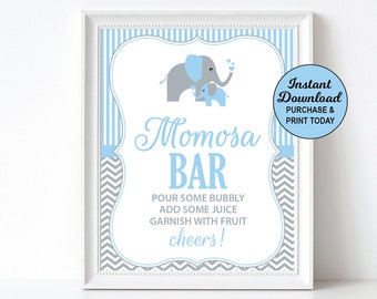 Momosa Bar Sign, Mimosa Bar Sign, Elephant Baby Shower, Drink Table Sign, Blue and Grey, Printable, INSTANT DOWNLOAD