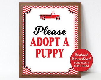 Adopt A Puppy Sign, Fire Truck Adopt A Puppy Sign Printable, Fire Truck Favor Sign, Adoption Sign, Instant Download, Printable PDF File