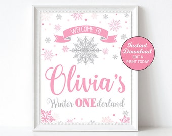 Winter ONEderland Welcome Sign Printable, 1st Birthday Sign, Pink and Silver Winter Wonderland, Winter Birthday, Printable, INSTANT DOWNLOAD