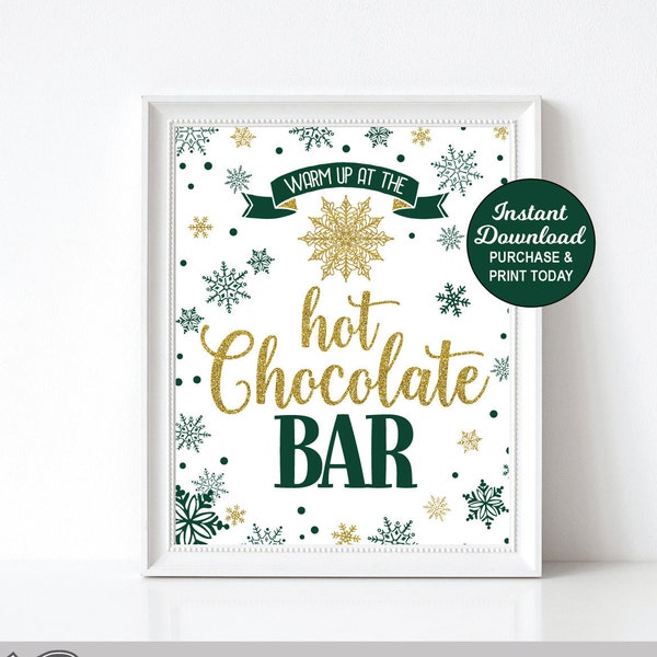 Winter ONEderland Hot Chocolate Bar Sign, Hot Cocoa Sign, Hot Cocoa Bar, Green and Gold, Winter Wonderland, Printable, INSTANT DOWNLOAD