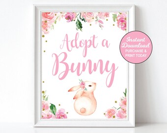 Adopt a Bunny Sign Printable, Bunny Favors Sign Pink Gold, Bunny Birthday Favors, Spring Birthday, Printable PDF File INSTANT DOWNLOAD