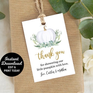 White Pumpkin Baby Shower Favor Tags, Pumpkin Thank you Tags, Fall Baby Shower, Pumpkin Favor, Gender Neutral, Editable Favor Tag image 1