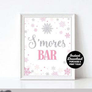 S&#39;mores Bar Sign, Winter Onederland Birthday, Snowflake S&#39;mores, Pink and Silver, Printable Sign, Winter Birthday