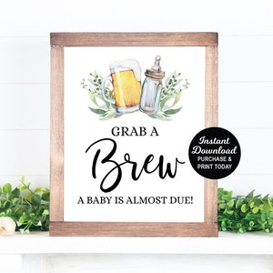 Schnappen Sie sich ein Gebräu A Baby ist fast fällig, Bier-Zeichen, ein Baby braut Zeichen, Bier-Baby-Dusche, Getränk-Zeichen, Coed-Baby-Dusche, druckbares Zeichen