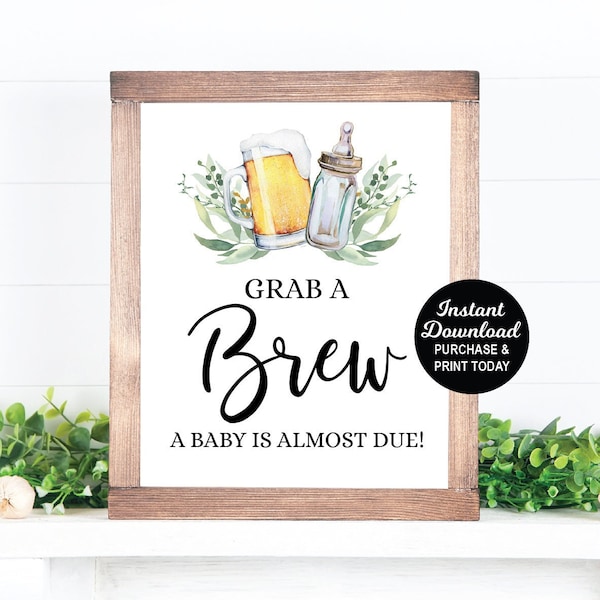Grab A Brew A Baby is Almost Due, signo de cerveza, un bebé está preparando signo, baby shower de cerveza, signo de bebida, baby shower coed, signo imprimible