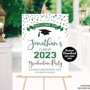 Graduation Party Welcome Sign Template, Class of 2024 Welcome Poster, Editable Graduation Welcome Sign Green & Black, Printable Grad Sign